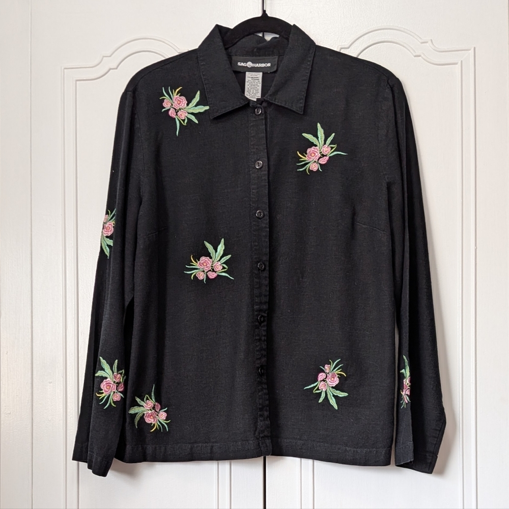 Sag Harbor Vintage Black Button-Down Shirt with Pink & Green Floral Embroidery M